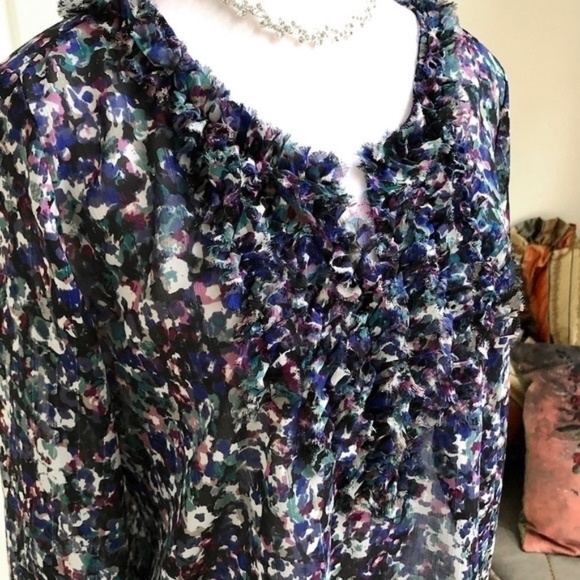 DKNY Top Sheer Ruffled Tuxedo Blouse Blue Multi Silver Threads (S) - Picture 2 of 7
